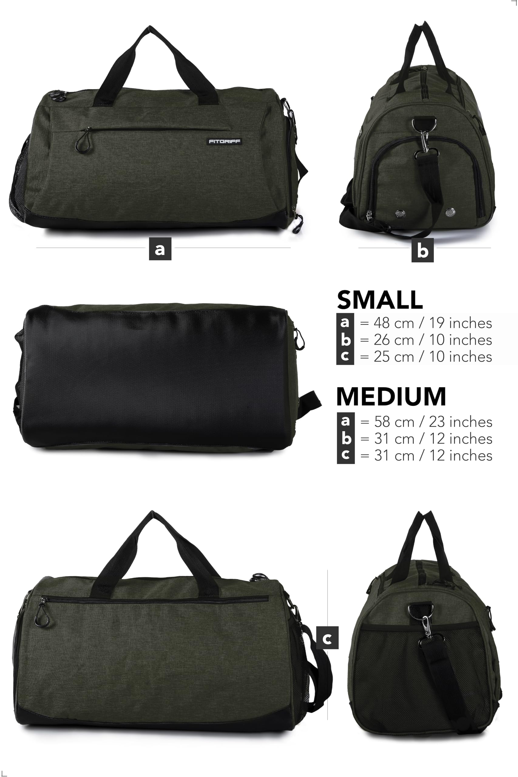 Fitgriff® Gym Bag for Men & Women with Shoe & Wet Compartment - Duffle Bag for Travel, Sports, Fitness & Workout (Army Green, 23 x 12 x 12″ (Medium))