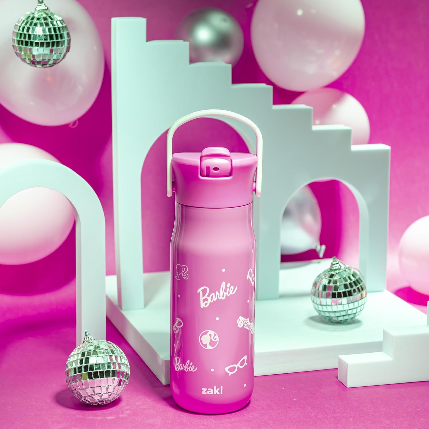 Zak Designs Barbie Water Bottle - 20oz Stainless Steel, Leak-Proof, Vacuum Insulated with Straw Lid & Handle | Pink