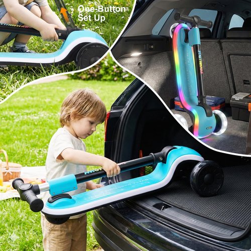 Youthkkee Kids Kick Scooter with LED Light-Up Wheels & Deck, 3-Wheel Folding Scooter for Ages 3-10, Adjustable Height, Extra Wide Anti-Slip Deck for Boys Girls