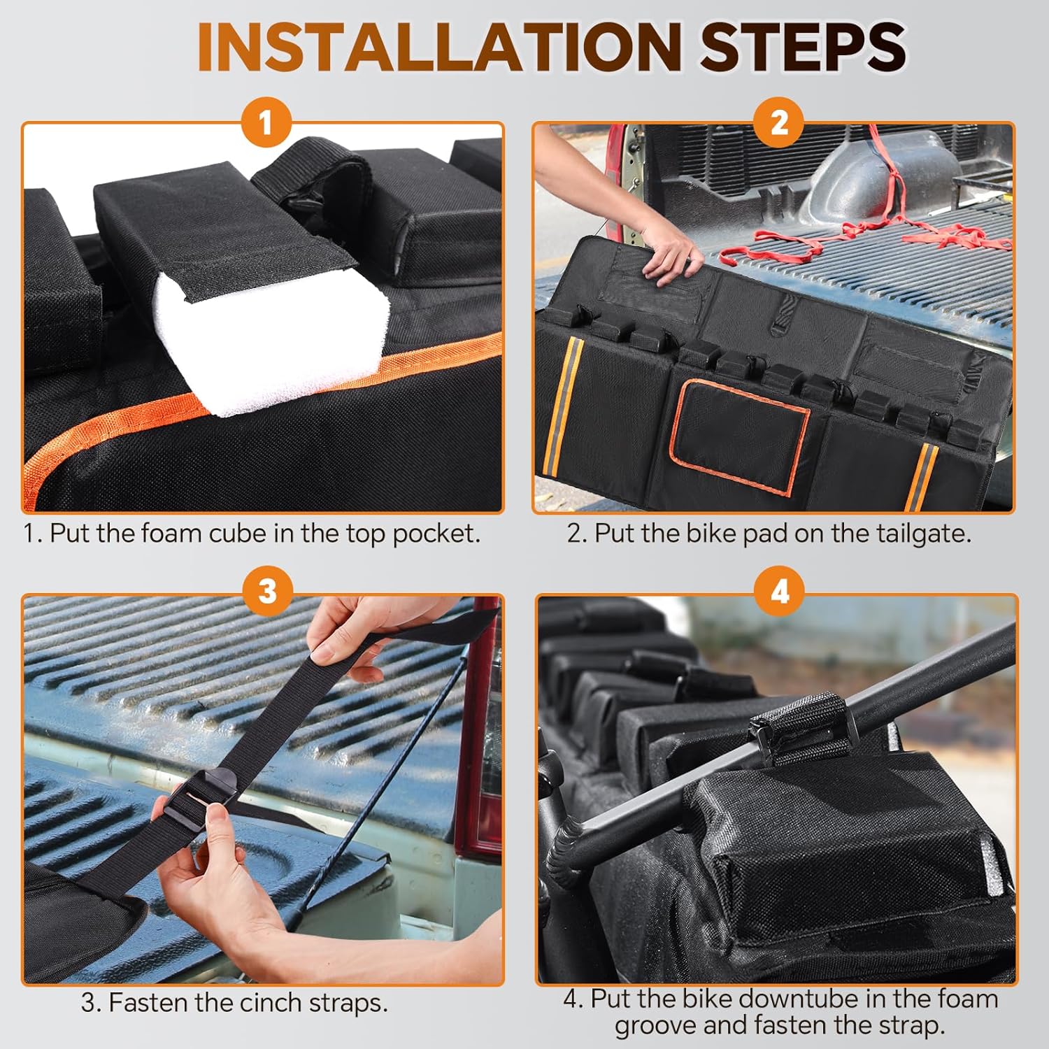 Tailgate Bike Pad, Upgraded Fixtures 600D Wear-Resistant Waterproof Fabric, Tailgate Pad for Mountain Bike, Universal Pickup Truck Tailgate Pad with 2 Reflective Strip and Tool Pocket, Lengths 51"
