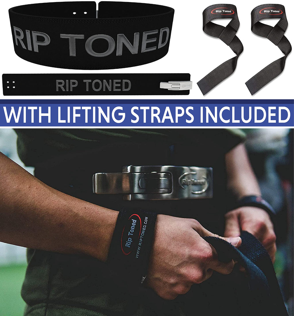 Weight Lifting Belt by Rip Toned - 10mm 4-Inch Leather Lever Belt - Bonus Lifting Straps for Men & Women - Back Support for Weightlifting, Powerlifting, Bodybuilding (Black, Large)