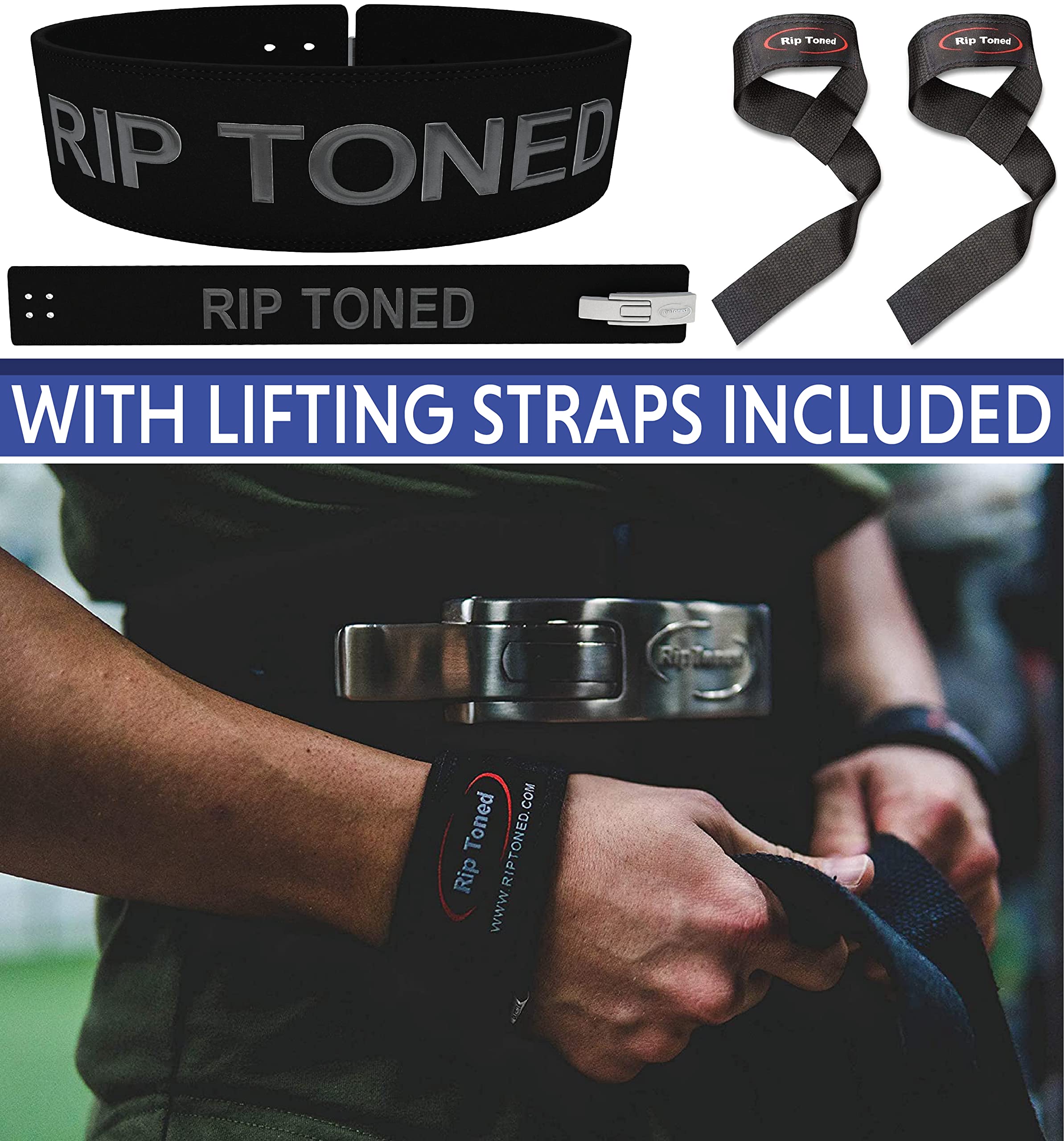 Weight Lifting Belt by Rip Toned - 10mm 4-Inch Leather Lever Belt - Bonus Lifting Straps for Men & Women - Back Support for Weightlifting, Powerlifting, Bodybuilding (Black, Large)