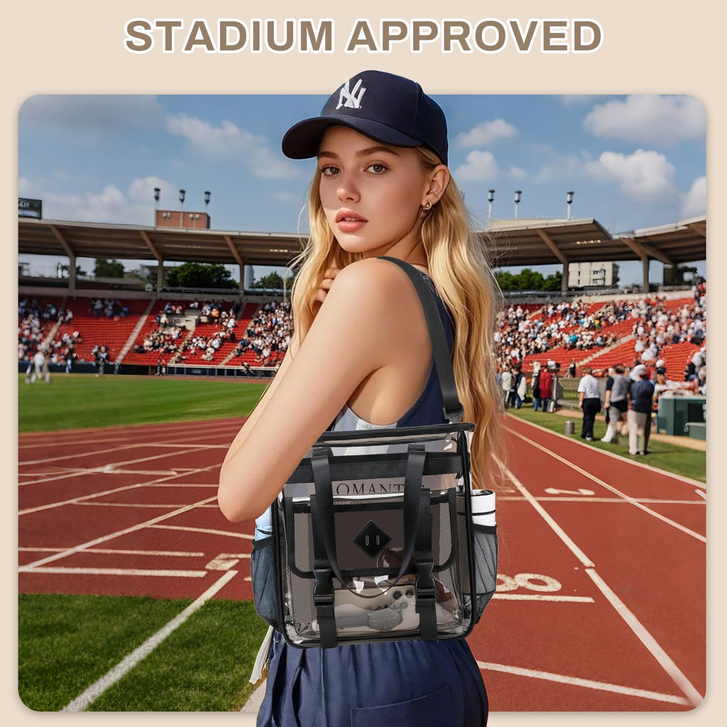 MUSEVOS Clear Tote Bag Clear Bag for Stadium Events, Thickened Water Resistant Heavy Duty PVC, 12x6x12 Stadium Approved for Work, Sports Games,Concert, Semi-Black