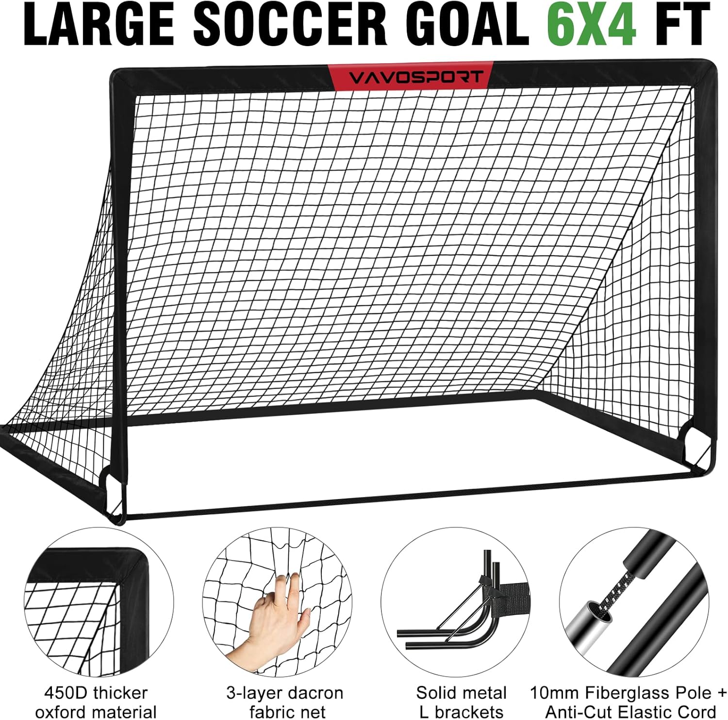 VAVOSPORT Soccer Goal Set - 2 Portable 6'x4' Kids Soccer Goals for Backyard Training & Outdoor Play
