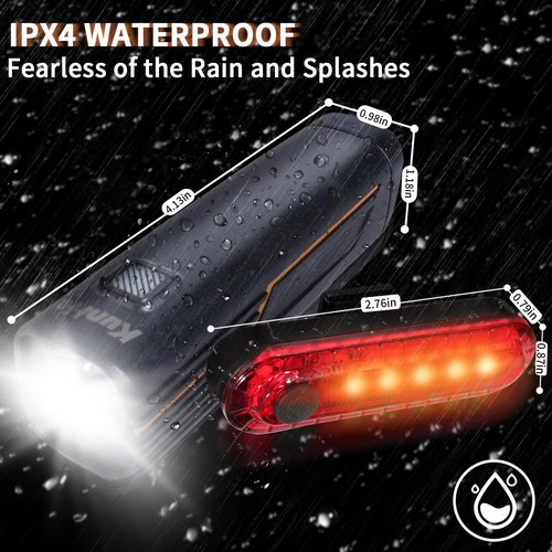 KunHe 227 Lumens 1600mAh Bike Light Set Rechargeable Front & Rear Bicycle Lights with IPX4 Waterproof 4 Modes for Night Cycling