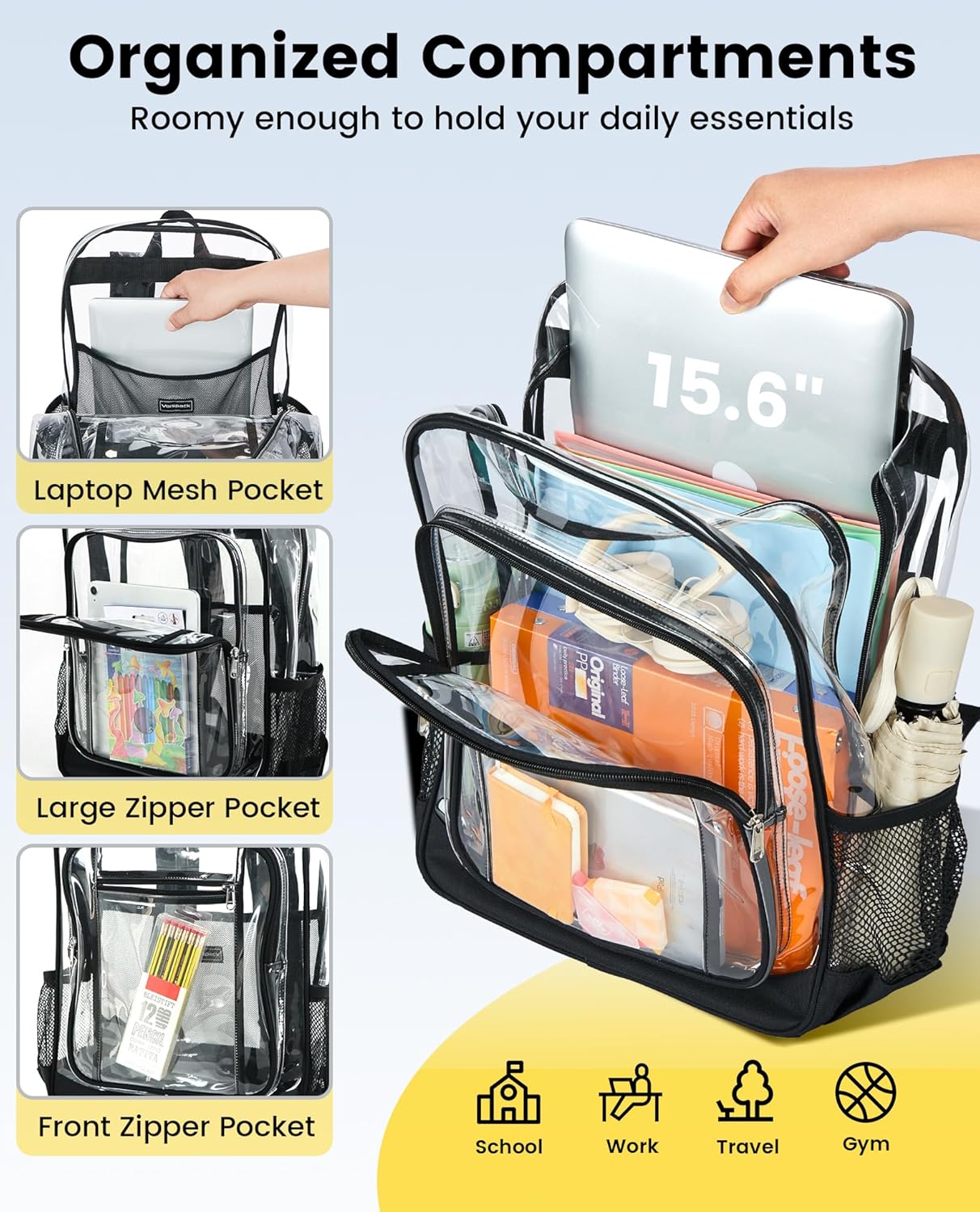 Vorspack Clear Backpack - Heavy Duty Extra Large Transparent Bookbag with TSA Lock | Black for College & Travel