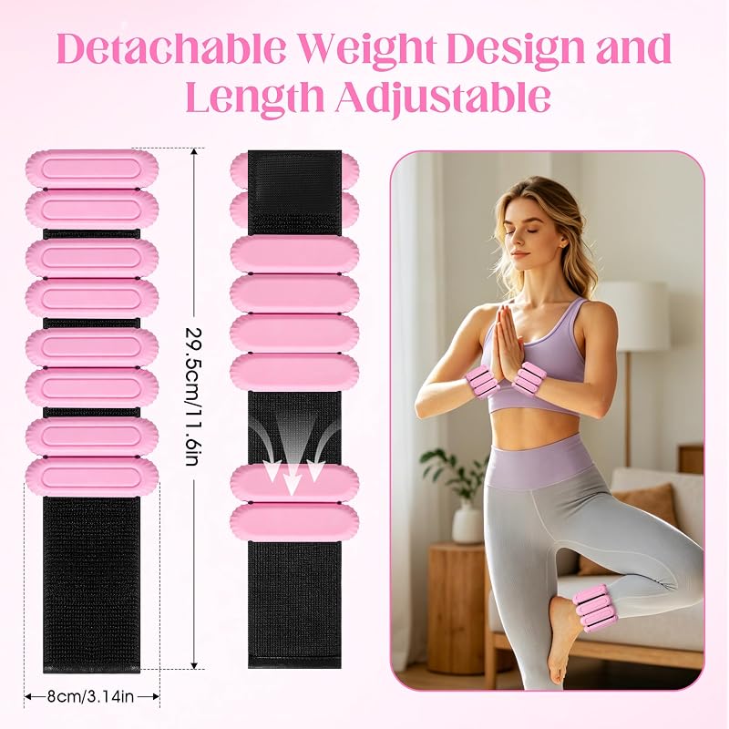 2lb Silicone Wrist & Ankle Weights - Removable Steel Blocks, Adjustable, Pink