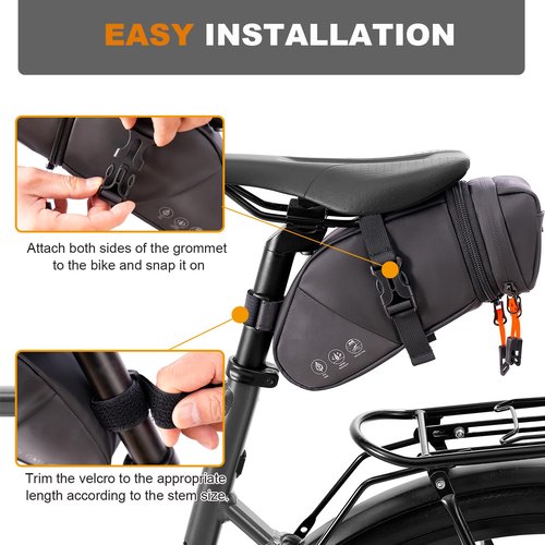 NDakter Bike Seat Bag, 2L Large Capacity Bicycle Saddle Bag, Waterproof Bike Pouch Under Seat, Storage Space Adjustable Bike Storage Bag with Large Reflective Coating, Bike Tool Pack for Adult Bike