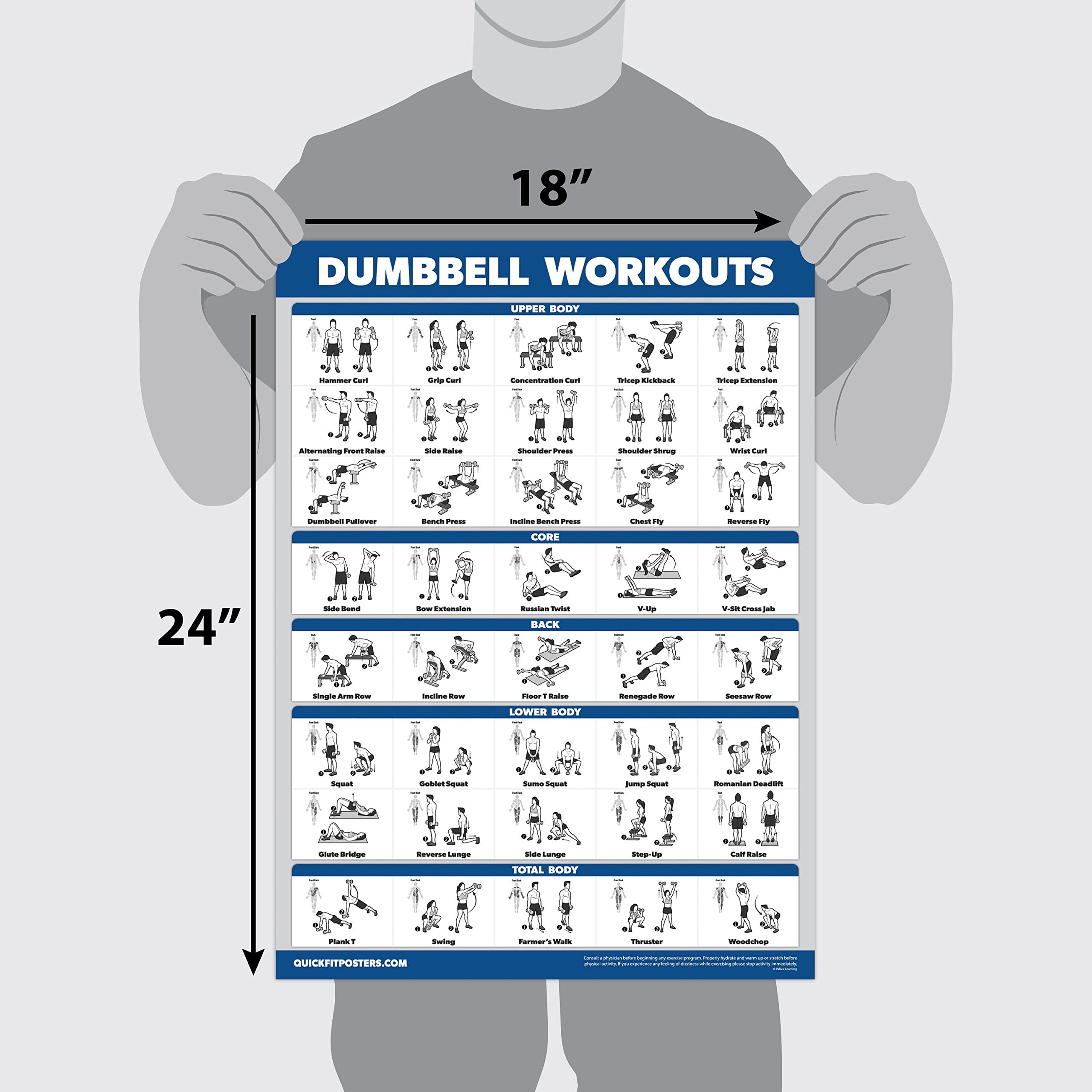 Palace Learning 3 Pack, Dumbbell Exercise Poster + Kettlebell Workouts + Resistance Bands Exercises - Set of 3 Workout Charts (LAMINATED, 18" x 24")