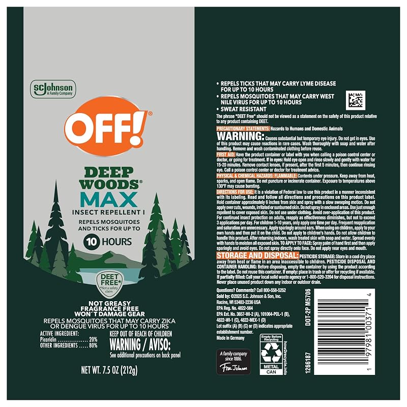 OFF! Deep Woods Max Insect Repellent 20% Picaridin - 7.5 oz Aerosol, DEET-Free Up to 10 Hours (Variation: 7.5 Ounce Pack of 1)