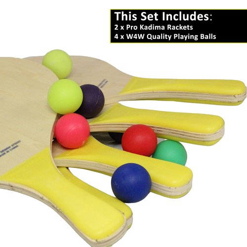 W4W Kadima Beach Paddle Ball Racket Set - Bundle Pack Includes 4 Balls & 2 Paddles - Natural
