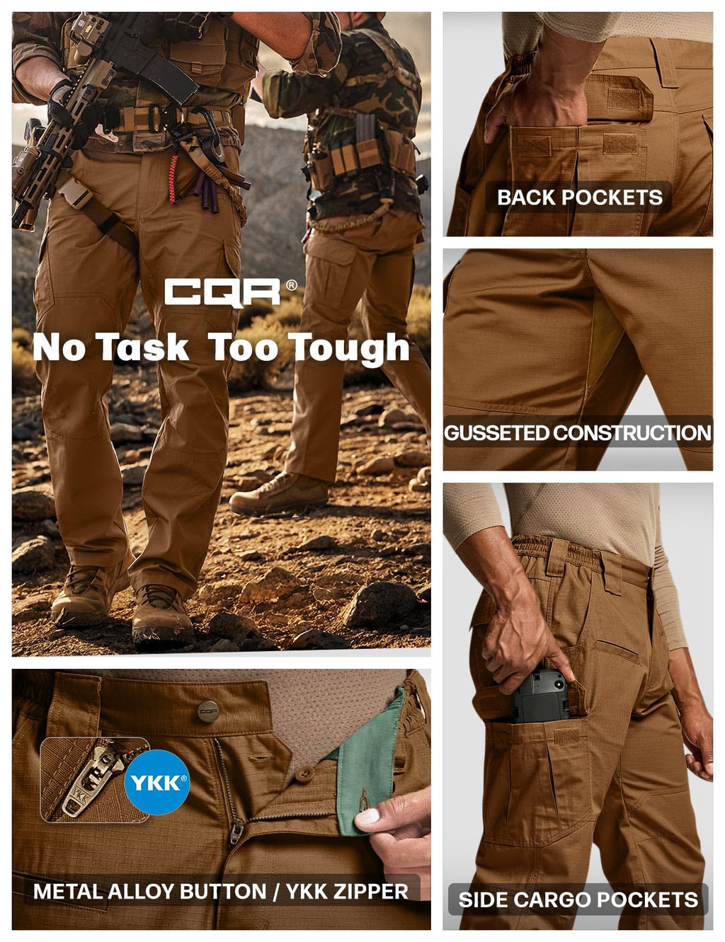 CQR Men's Tactical Pants, Water Resistant Ripstop Cargo Pants, Lightweight EDC Work Hiking Pants, Outdoor Apparel, Raider Copper Brown, 42W x 30L