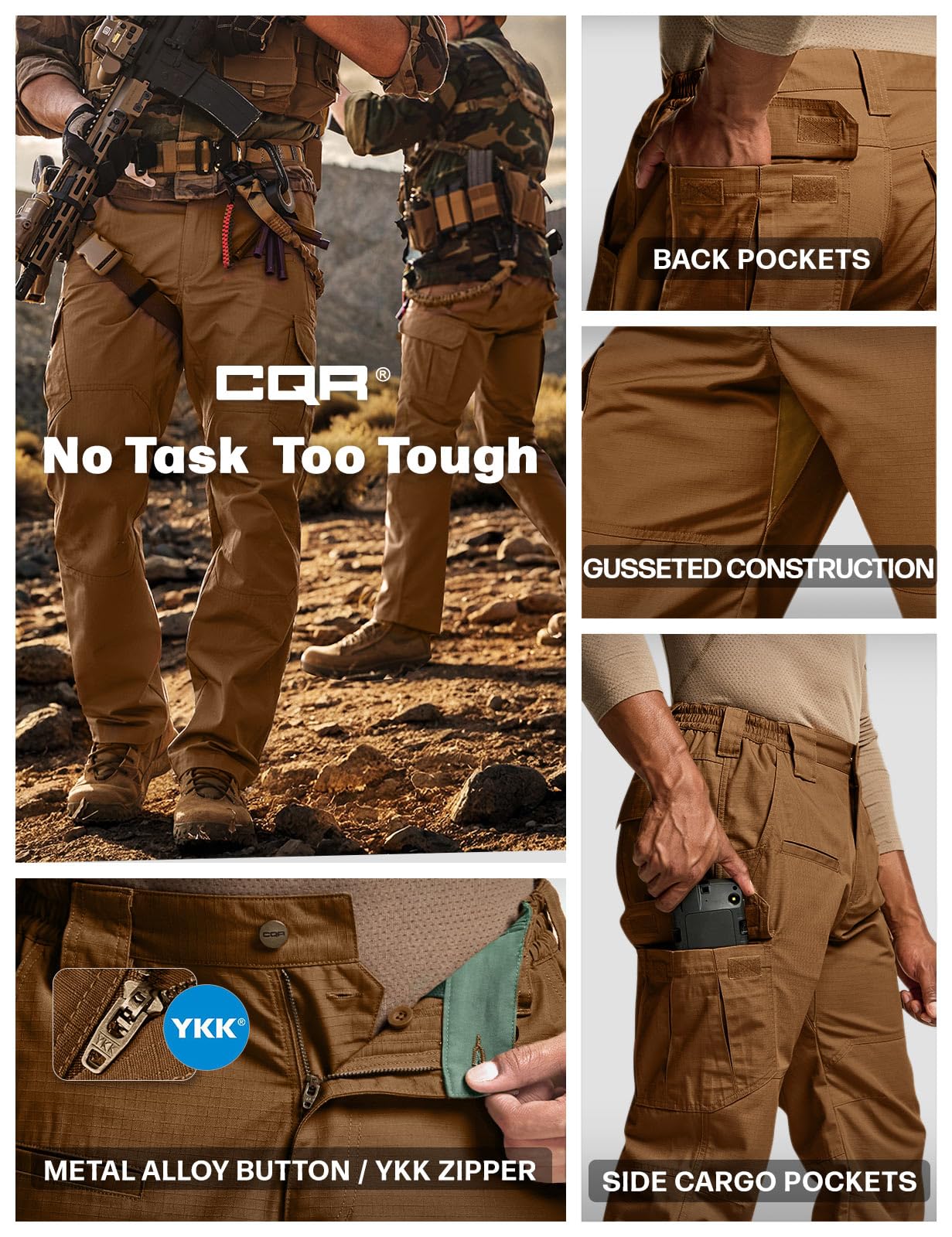 CQR Men's Tactical Pants, Water Resistant Ripstop Cargo Pants, Lightweight EDC Work Hiking Pants, Outdoor Apparel, Raider Copper Brown, 42W x 30L
