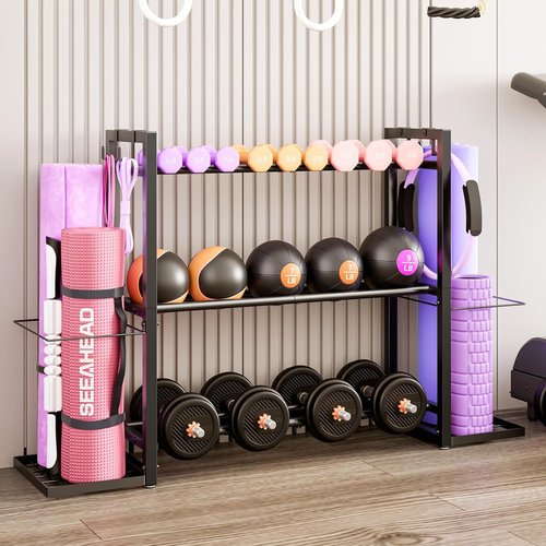 Heavy Duty Metal Dumbbell Rack by [Brand Name] - 3-Tier Adjustable Storage for Weights & Yoga Mats