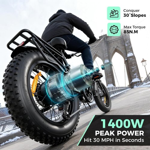 Jasion X-Hunter Foldable Electric Bike - 1400W Motor, 30MPH, 70+ Miles Range, 20'' Fat Tires | Black & Grey