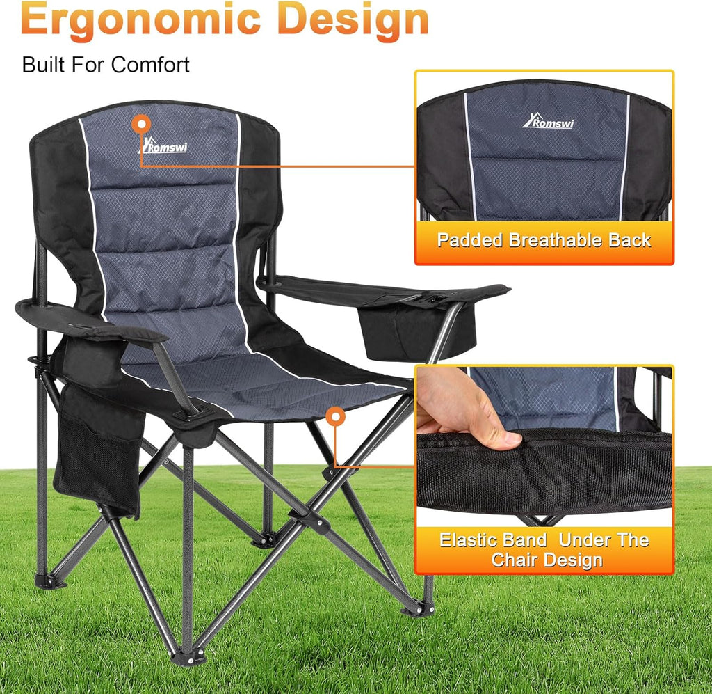 Romswi Oversized Camping Chairs - Heavy Duty 500 LBS Support | Padded Back & Arm, Black, 2-Pack