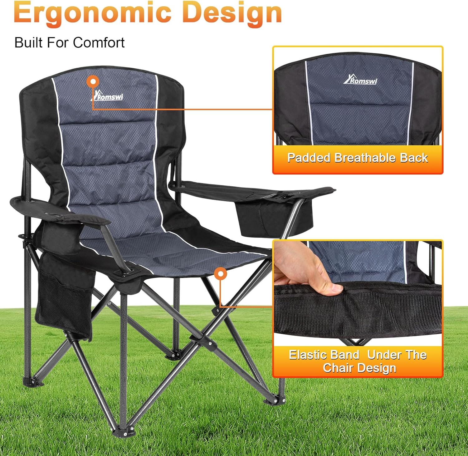 Romswi Oversized Camping Chairs - Heavy Duty 500 LBS Support | Padded Back & Arm, Black, 2-Pack