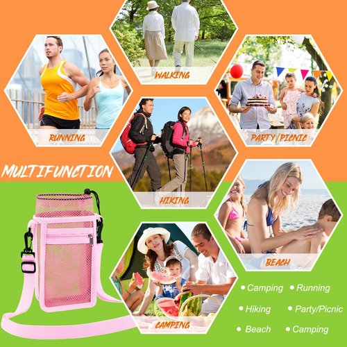 Berlune 4 Pcs Water Bottle Holder with Strap Drawstring Water Bottle Carrier with Zipper Pocket Adjustable Shoulder Mesh Sling Bag for Hiking Walking Camping Travel (4 Colors)