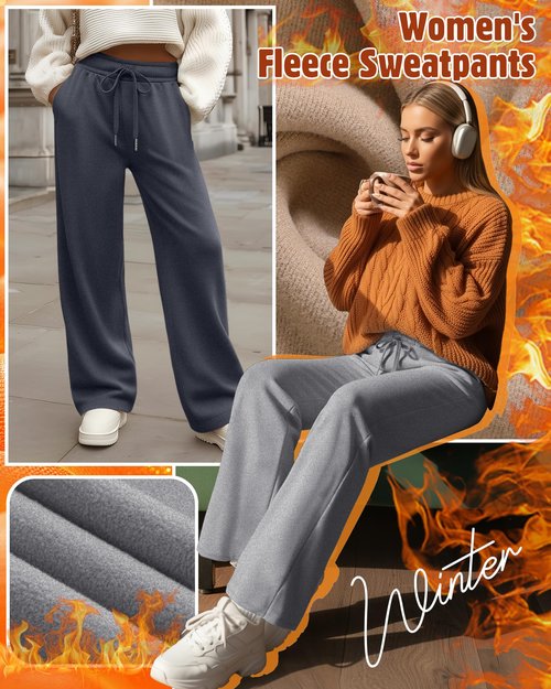 Velvelhall 3 Pack Women's Wide Leg Fleece Lined Sweatpants Thermal Lounge Warm Pants Drawstring Elastic Waisted with Pockets(Black, Blue Gray, Light Gray,X-Large)