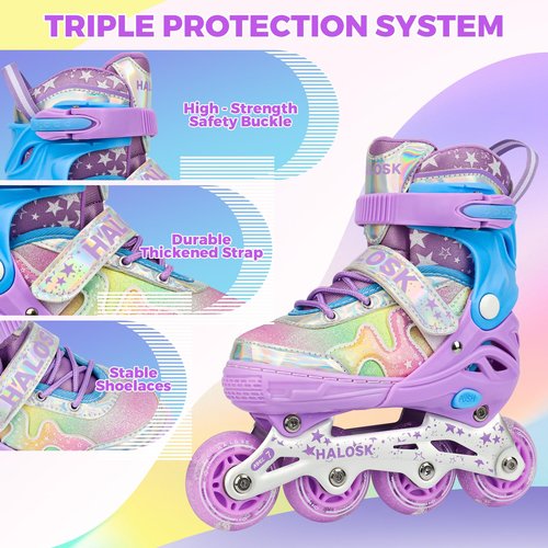 HALOSK Kids Inline Skates for Girls Boys with Light Up Wheels, Adjustable Blade Skates Gradient Glitter Star with Breathable Comfort Liner for Youth Beginners, for Ages 5–16