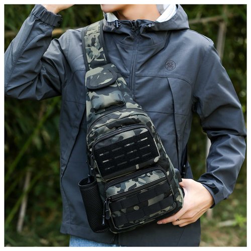 DOUNTO Tactical Sling Bag for Men Molle Utility Shoulder Bag Chest Pack Crossbody Backpack for Hiking Hunting (Black CP)