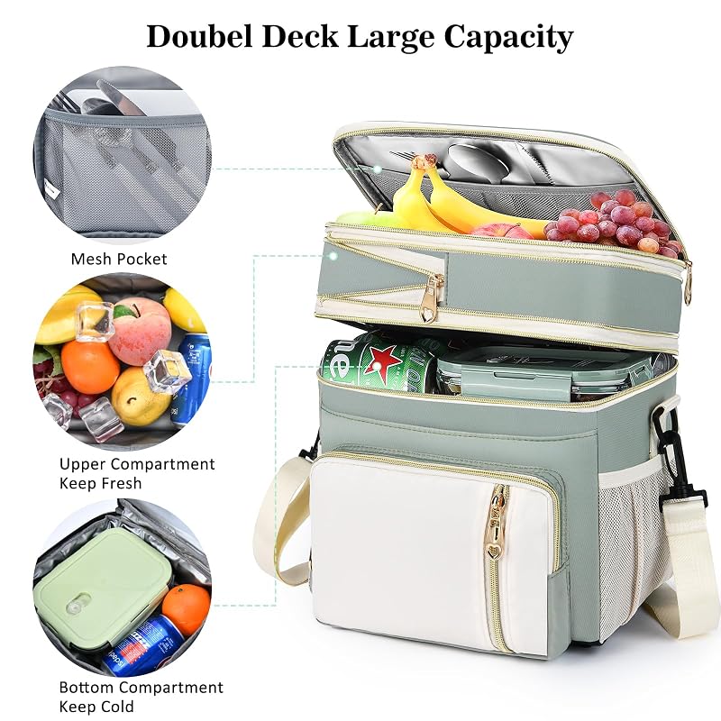 Expandable 16L Insulated Lunch Bag for Women - Double Deck Leakproof Cooler Tote (Olive Green)