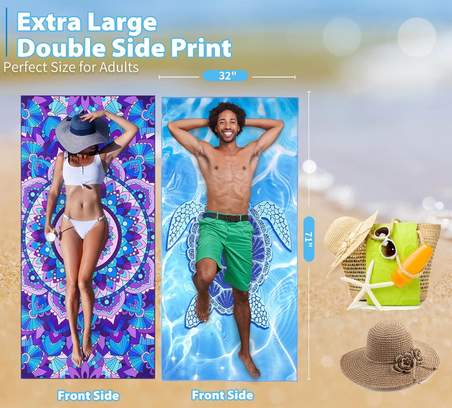 TwoYek Microfiber Beach Towels - Lightweight, Sand-Free, Quick-Dry | 71x32 Extra Large, Soft for Travel & Sports
