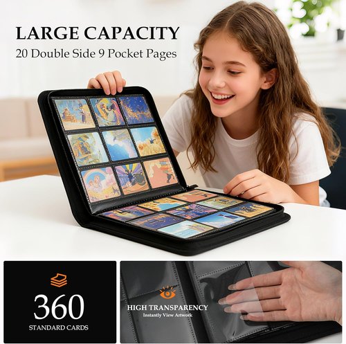 Card Binder 9 Pocket - Premium Durable Album for 360 Cards | Side-Loading Zipper Design, Black