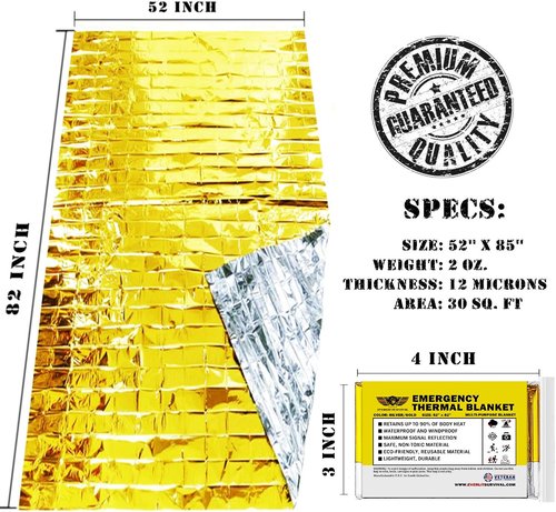 EVERLIT Emergency Mylar Thermal Blankets - Space Survival Blanket for Camping & Hiking | 4-Pack Gold & Silver