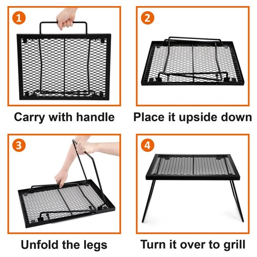 Elsjoy 17" Folding Campfire Grill Grate with Carrying Handle, Portable Camping Grill Over Fire Mesh Grate, Heavy Duty Steel Grate for Outdoor Cooking, Picnic, BBQ