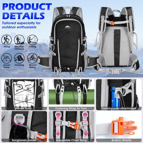 IGOLUMON Hiking Backpack 40L Packable Camping Backpack for Men Women Waterproof Lightweight Hiking Daypack Foldable Travel Daypack for Climbing Trekking Camping,Black