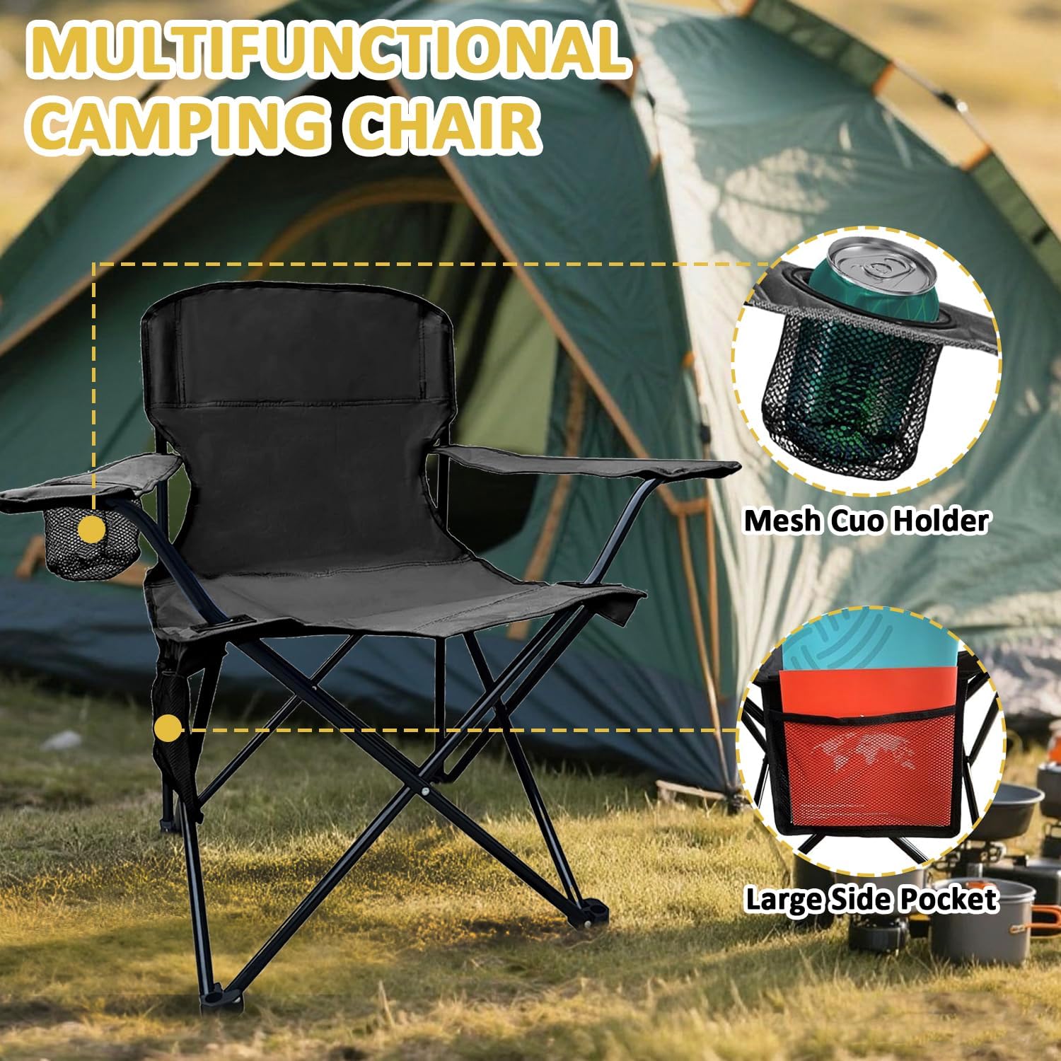Skiennix Folding Camping Chair - Portable High Back Outdoor Chair with Cup Holder & Storage Bag | Supports 300lbs, Black