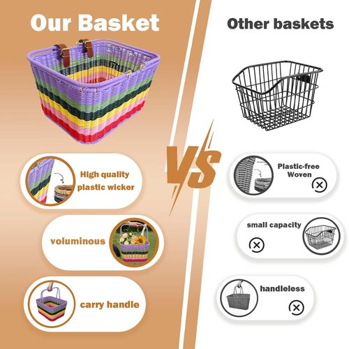 Bike Basket Front, Large Wicker Baskets for Bike, Hand-Woven Bicycle Basket with Iron Framework, Detachable Front Handlebar Bike Basket (Rainbow)