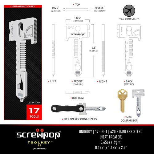 Screwpop Toolkey II Original Keyshape 17+ Multi-tool Includes Magnetic Phillips and Flathead Screwdriver Ultra Thin and Lightweight EDC Design Heat Treated Stainless Steel Silver