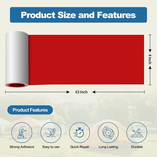 KING MOUNTAIN Self-Adhesive Nylon Fabric Repair Tape - Waterproof Quick Repair Patch for Outdoor Gear | 4x63 Inches (Red)