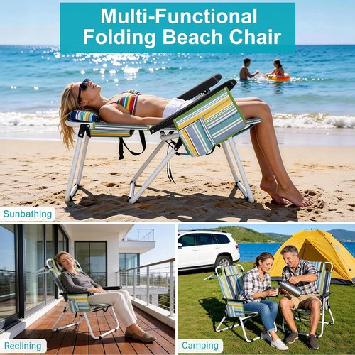 ABORON 17" Tall Folding Beach Chair - Heavy Duty 600D Oxford Fabric, 5-Position Recline & Cooler Bag