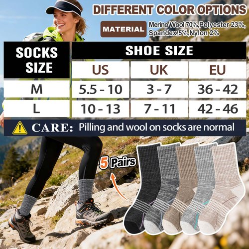 Sandsuced Merino Wool Hiking Socks Thermal Warm Winter Cozy Outdoor Crew Socks 5 Pairs Gift Stocking Stuffers for Women Men(Black/Khaki/Gray,L)