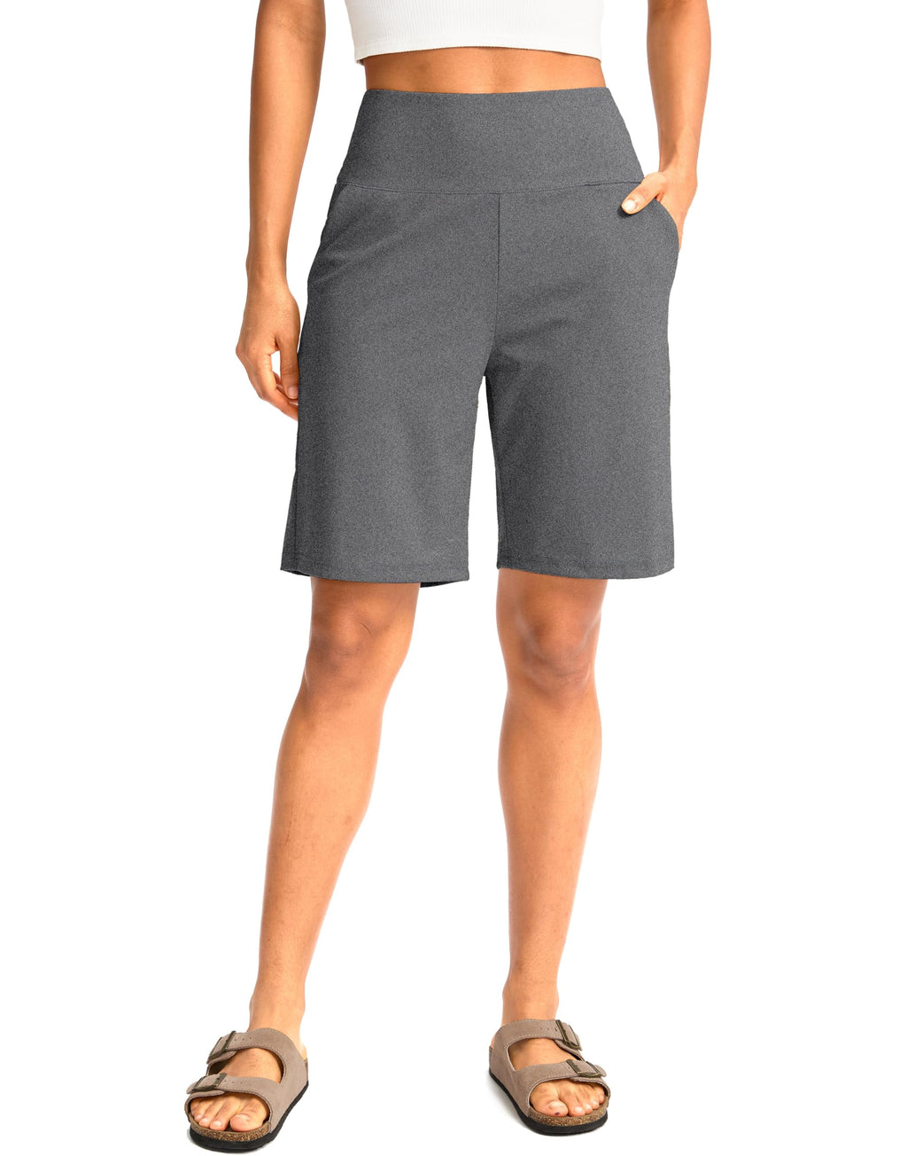 G Gradual Women's Bermuda Long Shorts with Pockets 9" High Waisted Knee Length Shorts for Women Walking Athletic Workout(Charcoal,L)