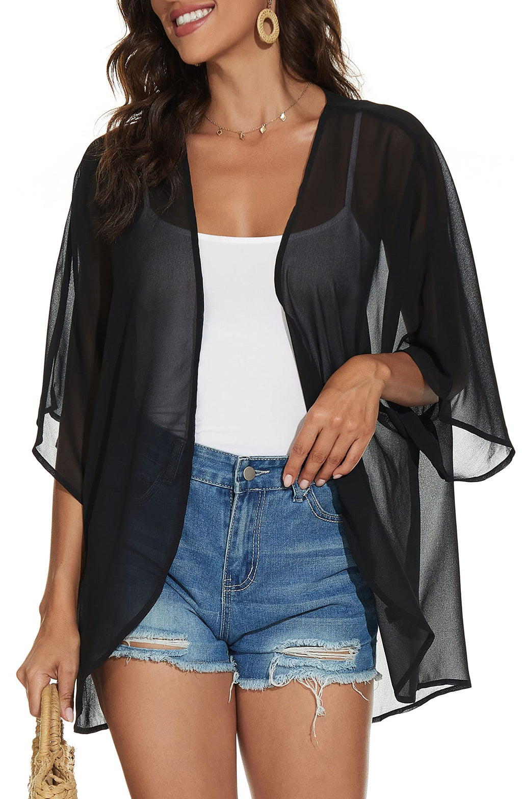 Women Summer Tops Kimono Cardigans Sheer Beach Cover Ups Chiffon Open Front Shirts （Black,2XL)