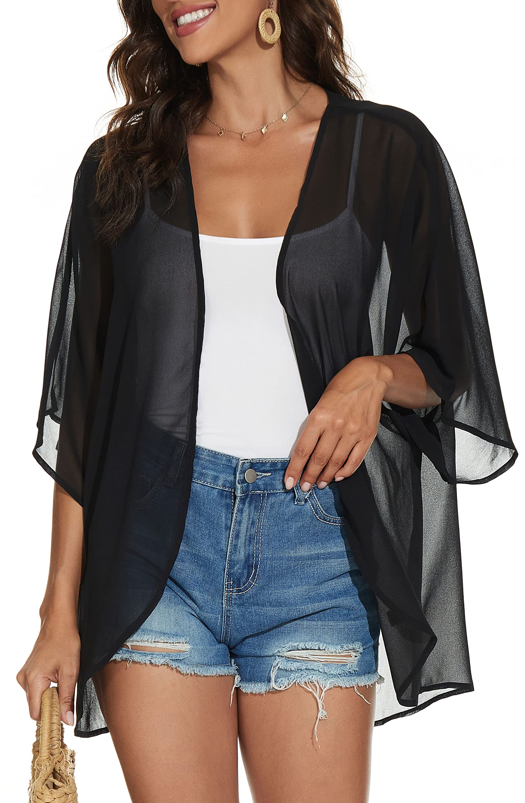 Women Summer Tops Kimono Cardigans Sheer Beach Cover Ups Chiffon Open Front Shirts （Black,2XL)