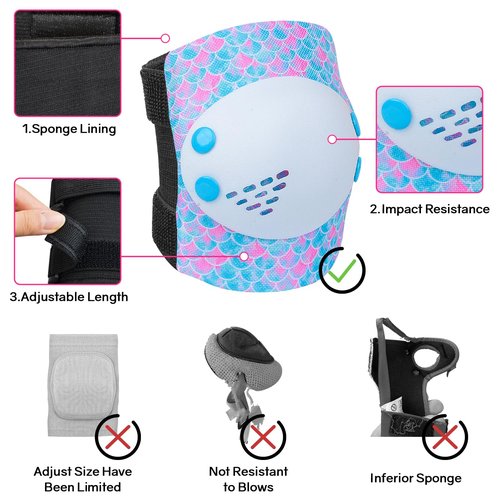 Ausletie Knee Pads for Kids Girls Protective Gear Set Adjustable Knee Pads and Elbow Pads Set with Wrist Guard for Girls Kids Toddler Roller Skates Bike Cycling Skateboard Scooter (Blue&White Mermaid)