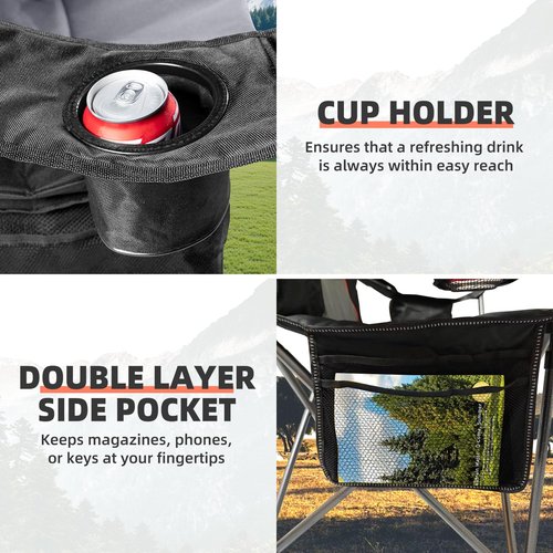 Foristrail 2 Pack Folding Camping Chairs for Adults - High Back Padded Outdoor Lawn Chairs with Lumbar Support & Cup Holder, 400lbs Heavy Duty Portable Camping Chairs Set (Black & Light Gray)