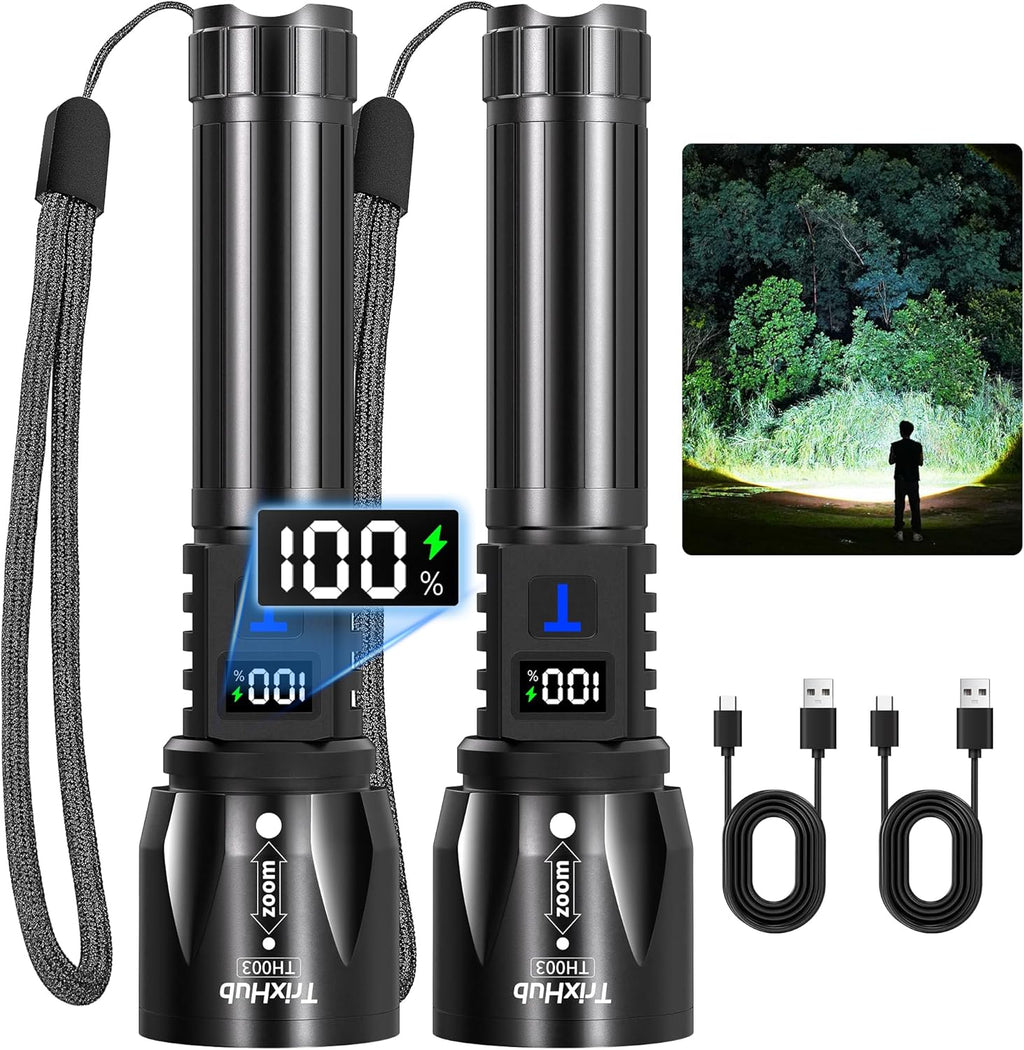 TrixHub Rechargeable Flashlights - 99,000 High Lumens | 5-Mode Tactical LED Light with LCD Display, 2-Pack