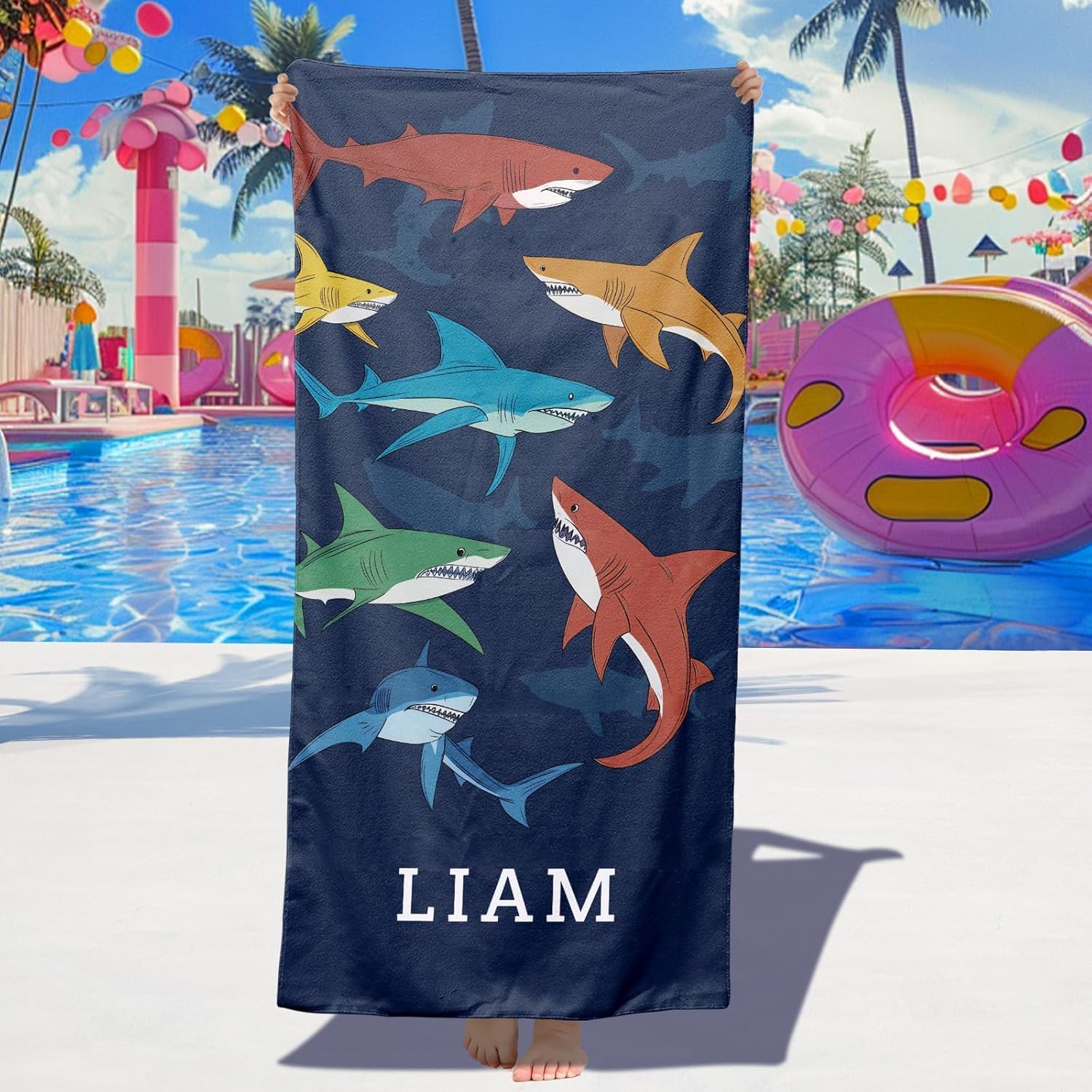 Skiennix Personalized Beach Towels for Kids - Ultra Absorbent Custom Monogrammed Towels | Shark Design