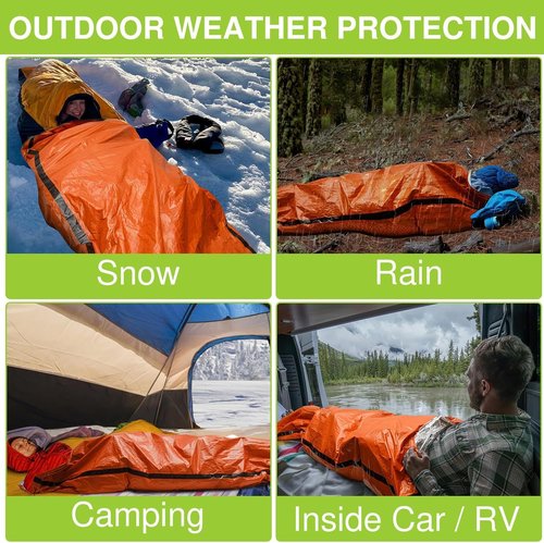 Emergency Sleeping Bag, 2 Pack Portable Thermal Bivy Sack, Waterproof Lightweight Emergency Blanket Survival Gear with Compass and Whistle for Camping Hiking Outdoor Adventure (Green, 2 Packs)