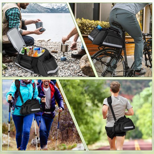 GRAOSO Bike Rear Rack Bag, Pannier Bags for Bicycles with 12L Capacity, Bike Trunk Cooler Bag with Reflective Strips, Reinforced Handle and Removable Shoulder Strap (Black)