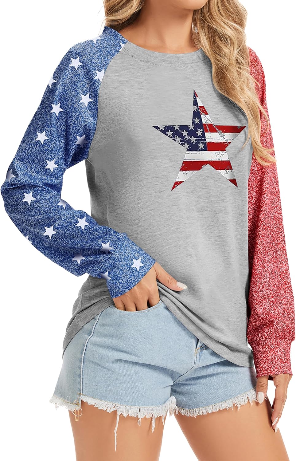 TSMNZMU Women's Star Print Colorblock Shirt - Long Sleeve American Flag Blouse for 4th of July Celebrations