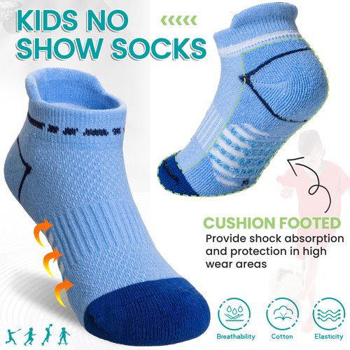 Eyean Boys Athletic Half Cushioned Ankle Socks Kids Cotton Sport Low Cut Socks 6 Pairs (Blue/Grey/Beige, 9-12 Years)