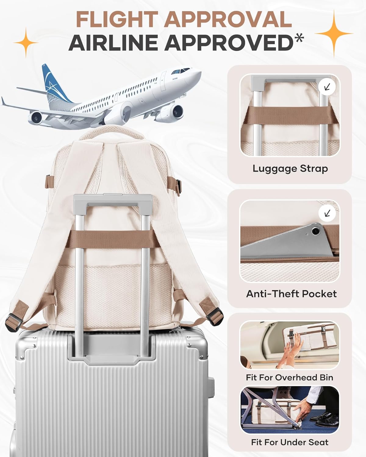 Skiennix Travel Backpack - Flight Approved Carry-On Bag for Airlines | Large Beige & Brown Design