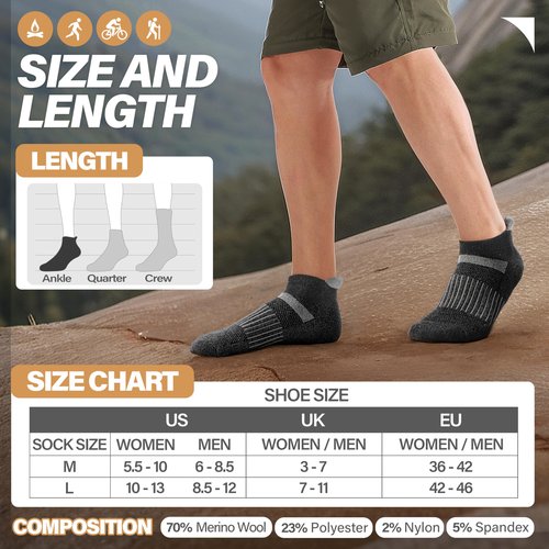 Anlisim 6 Pairs Merino Wool Ankle Running Hiking Socks Compression Support Breathable Thick Cushion No Show Socks for Women Men(Brown Beige,M)